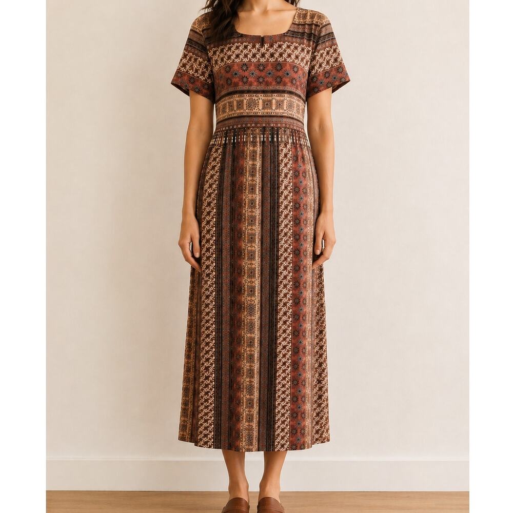 Vintage 90s Midi Dress Beaded Brown 100% Rayon Chiasso Festival Boho Size 10/M